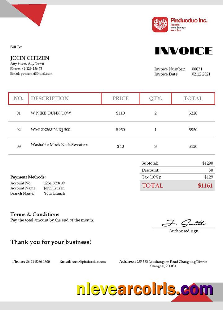 USA Pinduoduo invoice